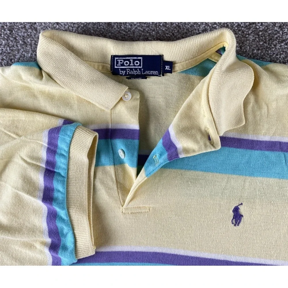 Polo Ralph Lauren Yellow/Purple/Blue Striped Made In USA Polo Mens XL Pony Read